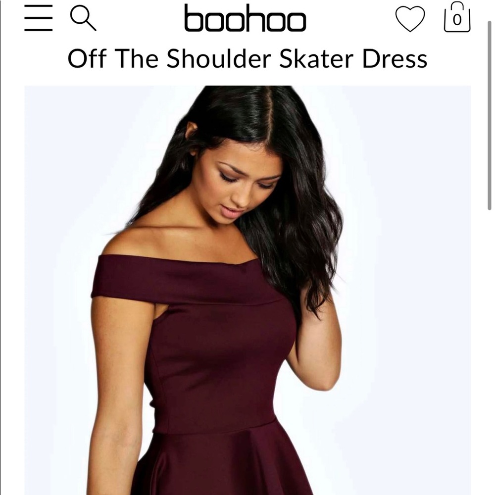 Boohoo maroon off the shoulder skater dress
